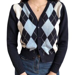 Brandy Melville Elizabeth Sweater Cardigan with Light Blue and White Argyle